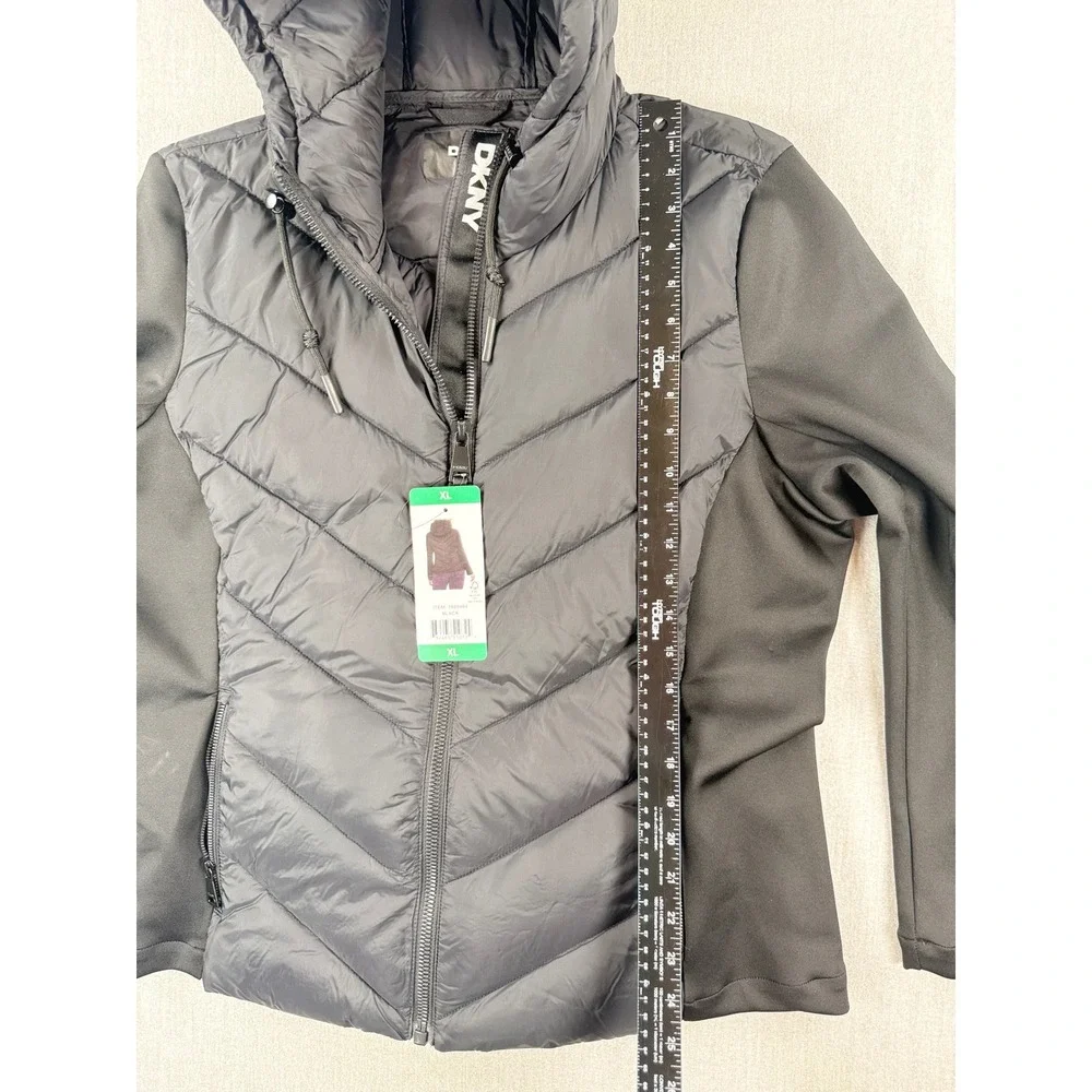 DKNY Womens Mixed Media Hooded Puffer Jacket Black XL 1889464